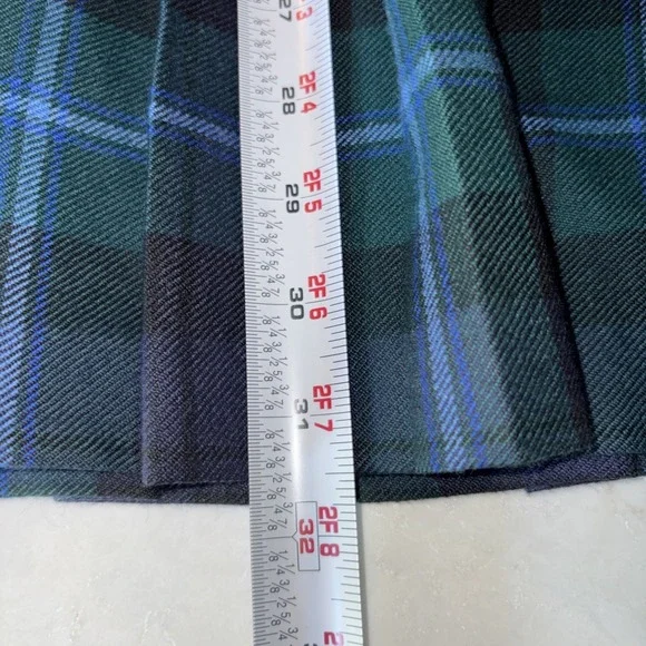 PITLOCHRY Scotland Pure Wool Pleated Tartan Skirt Womens 18 Lined Kilt Green VTG - Picture 6 of 8